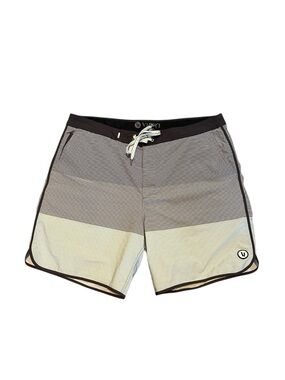Vuori Cruise Board Shorts Mens 38 Green Brown Striped Beach Swim Trunks Stretch
